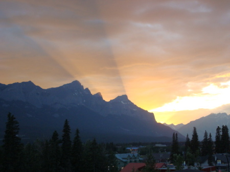 The sunset from  our balcony in Banff
