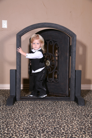 Carson in front of a mini Castle Doors
