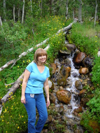 ME, Lorretta in front of a beautiful little waterfall.  Surrounded by wildflowers.