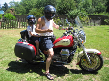 Dan and Quinn on our Moto Guzzi