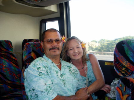 Kay and Robert on luau bus in Honolulu