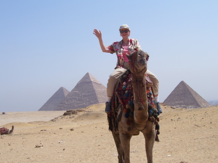 Jan on a Camel by the Pyramid at Giza, Egypt