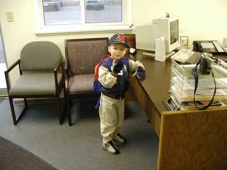 Waiting for the school bus (at Dad's work)