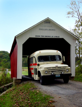 Mike's happy bus at Indiana covered bridge festival