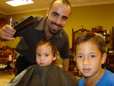 Kegan at his first real haircut at my friend Roy's Salon