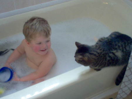 Luke and Einstein taking a bath