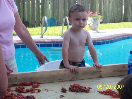 Nathan at his 1st crayfish boil