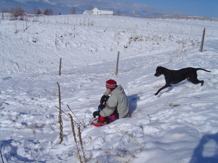 Mark, Oliver and Linus sledding - 2008