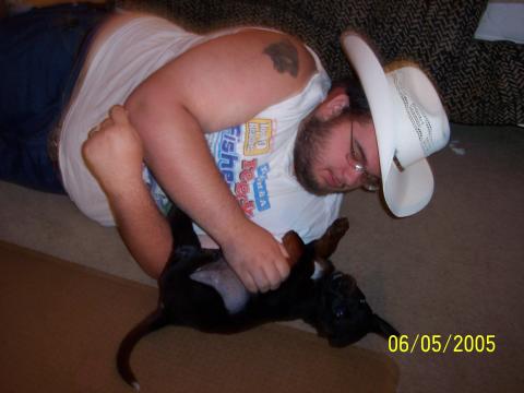 My hubby and our dog, Wrangler
