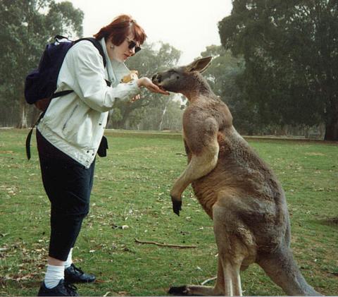 Karen feeding Mr. Kangaroo