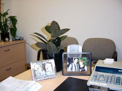 My desk/photo of my dogs/my hubby and I