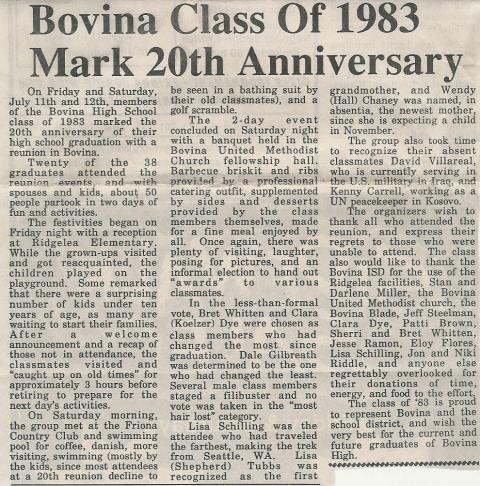 Bovina High School Class of 1983 Reunion - Bovina Blade Article