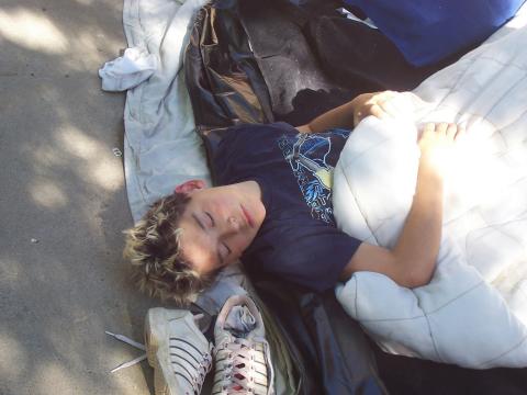 Colton sleeping outside at grandma and grandpas house