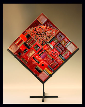Red Squares on Point glass art