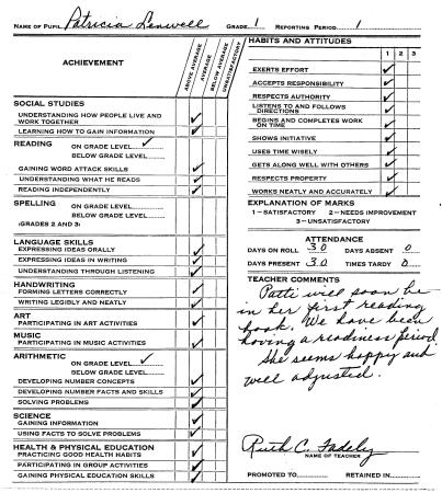 Report Card Grade 1 Reporting Period 1 1958