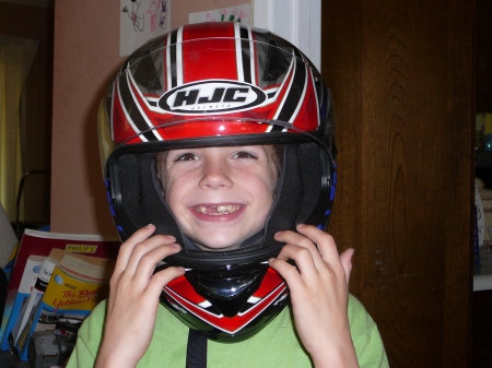 Dustin in Dad's Helmet