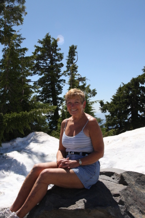Near Crater Lake in July surrounded by snow