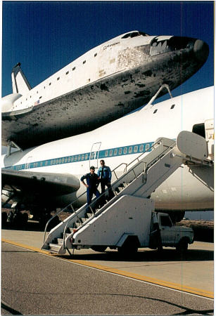 On the stairs of the NASA 747 with Shuttle