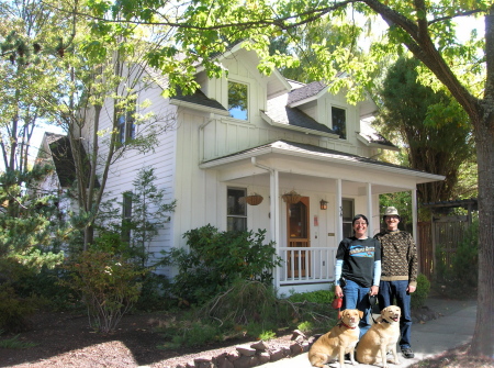 Cyd and Gary and dogs in front of the new Inn