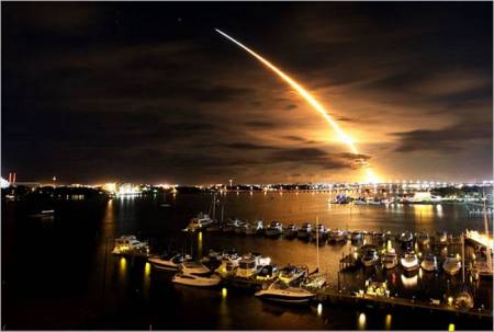 shuttle launch at night