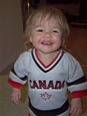 Jordan showing off her Canada hockey jersey