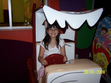 Jamie in the Flintstone's car