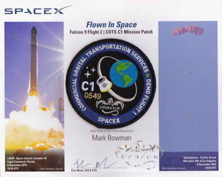 Space Flown Patch and certificate.