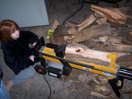 Sara splitting wood