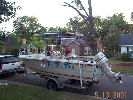 Caroline & Catherine in Uncle Tree's boat