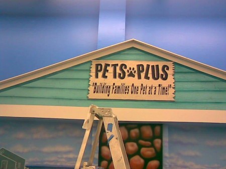 painted store sign on faux roof at puppy petti