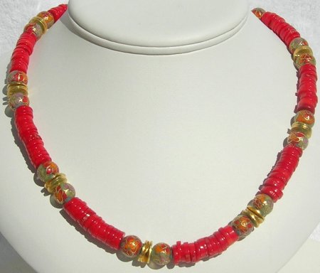 Dyed Coral Roundels, Cloisonne Beads