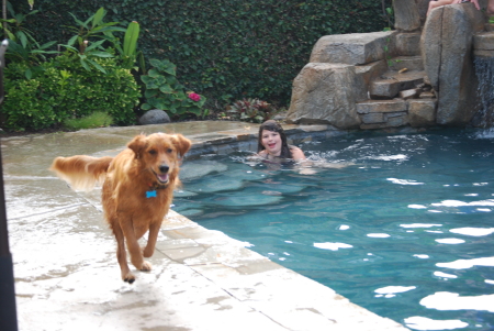 Leila loves to run around the pool when the kids swim