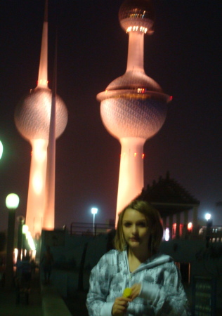 Ashleigh in front of the Kuwait Towers