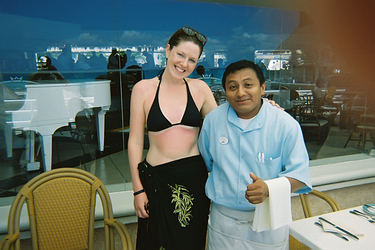 Honeymoon -- Aimea with our waiter in Cancun