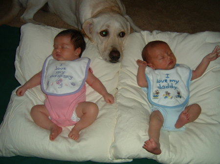 Our twins with Skyler (our yellow Lab)