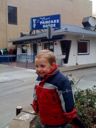 Trey with Dad at Pancake House in Chicago