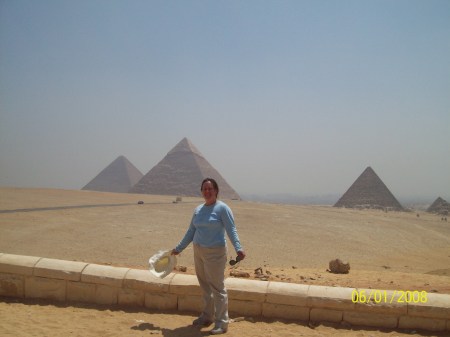 Flossie at pyramids in Cairo, Egpyt, Africa