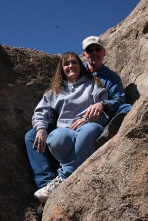 Gary and Tami hiking the bolders at Ft. Davis