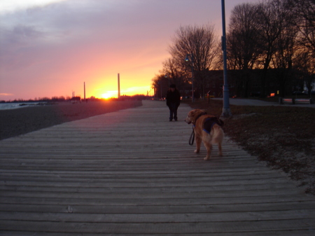 Sundown on the boardwalk with Lucy