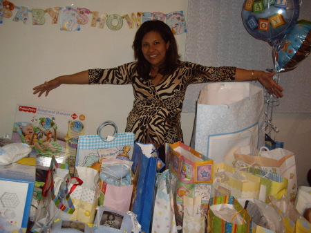 my wife with baby gifts at home in michigan