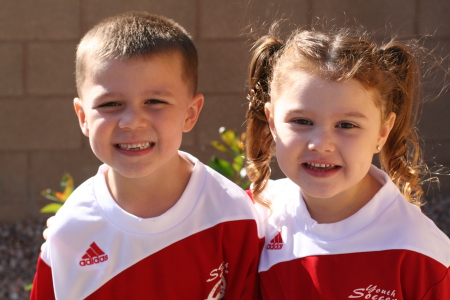recent photo of my kids before our soccer game