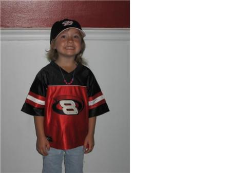 Morgan wearing her Dale Jr. racing gear