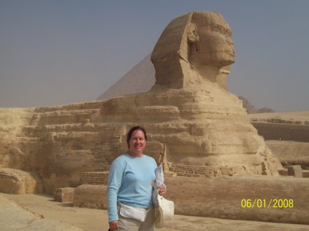 Flossie at the sphinx in Cairo, Egypt, Africa