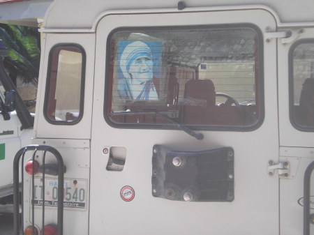 Back of Vehicle: a picture of Mother Theresa