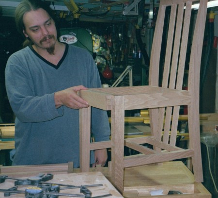 Son Kelly checking chair I am making for him