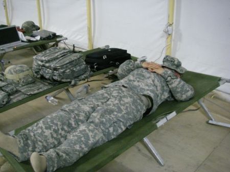 sleeping on cot in tent in Kuwait, April 2007