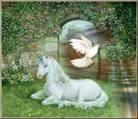 unicorn and a dove flying around.