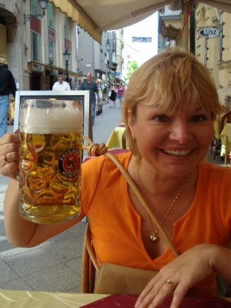 Wife Lisa having a beer