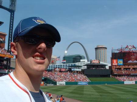 Alex in our seated area looks out to the Arch