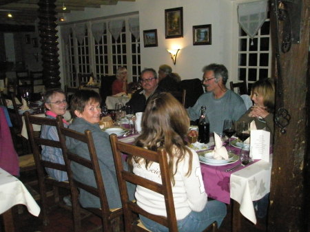 Riding group at restaurant in country.